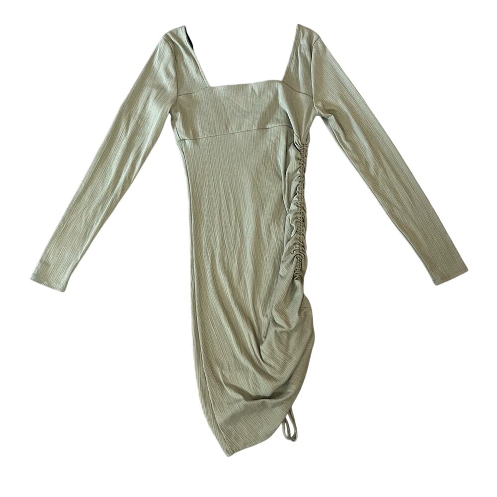 Forever 21 Sage Green Ruched Side Tie Mini Dress Long Sleeve Sz Small Minimalist - Picture 12 of 12